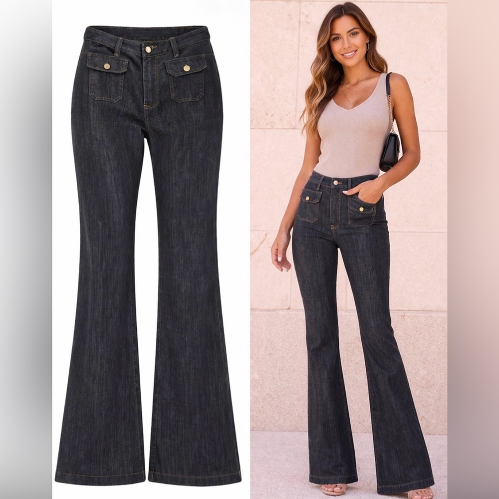 Anna Field High-Waist Black Flared Jeans with Front Pocket Detail